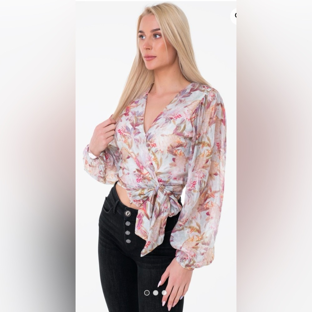 Guess Floral Wrap Blouse - Cream and Pink